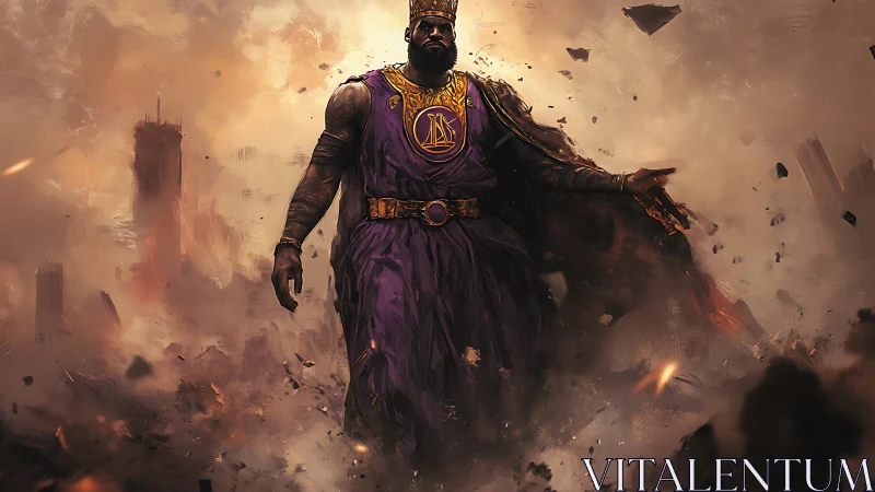 Storm-forged warrior king strides through crumbling ruins