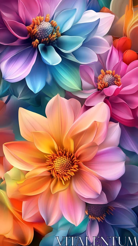 Luminous Multi-Colored Flowers Digital Artwork.