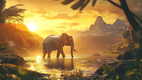 Elephant crosses a golden river under a glowing sunset sky