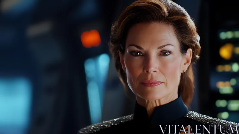 Photorealistic starship commander portrait in cinematic light.