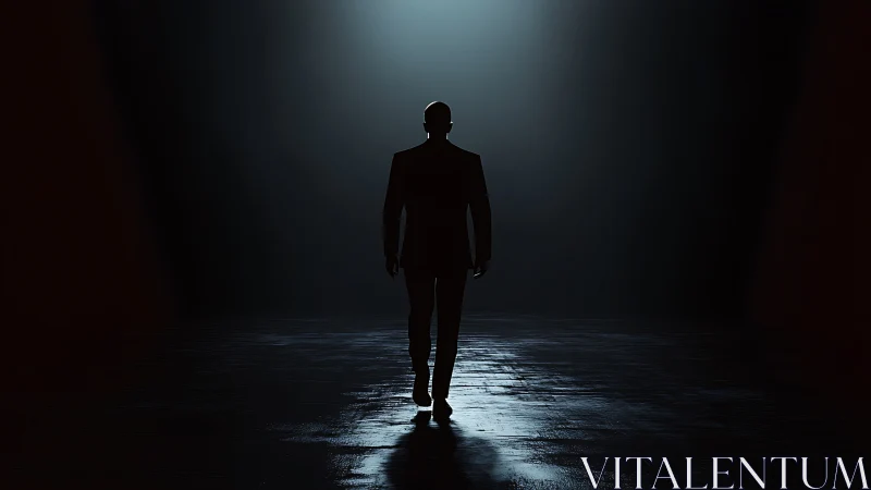 Silhouetted businessman walking into dramatic spotlighted void.