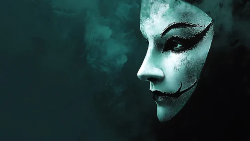 Painted theatrical mask floats against dark textured background