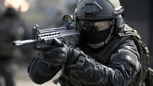 Tactical operator aims rifle during intense urban mission.
