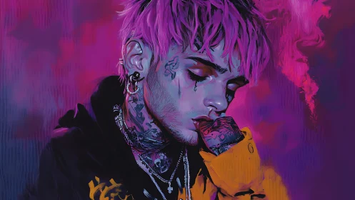 Neon-drenched emo portrait in violet melancholy haze.