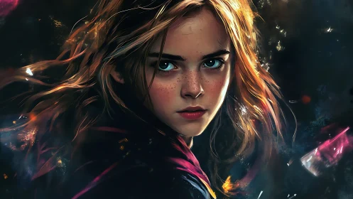 Starlit young sorceress gazes through swirling cosmic embers.