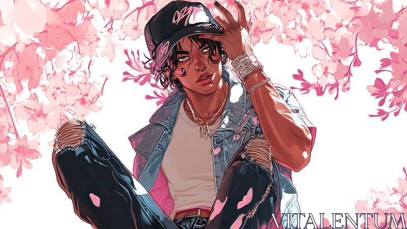 Stylized figure in casual attire under pink blossoms.