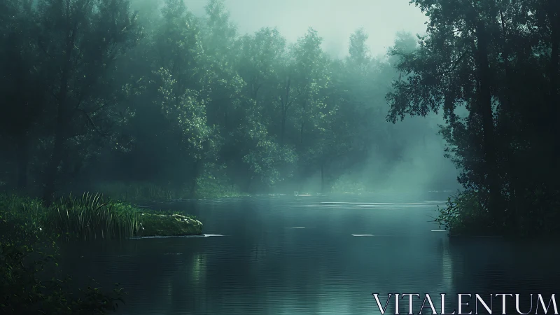 Fog-covered forest river with dense tree line and reeds.