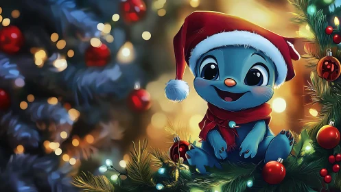 Cheerful blue holiday creature snuggled in glowing garlands.