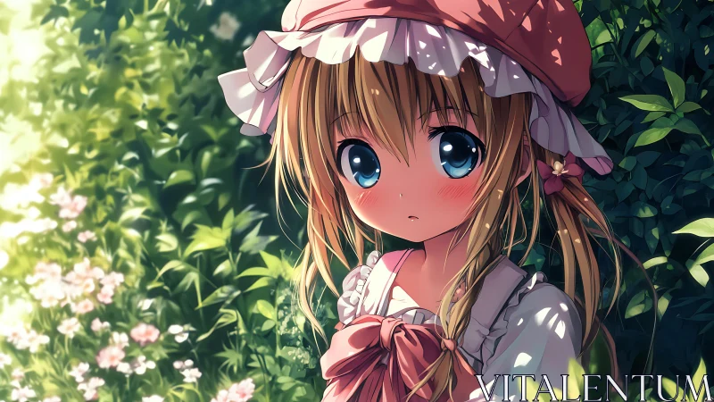 Young girl stands in sunlit garden with dense green foliage