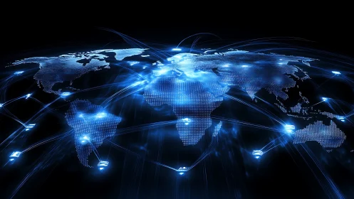 Glowing digital world map alive with bright network links.