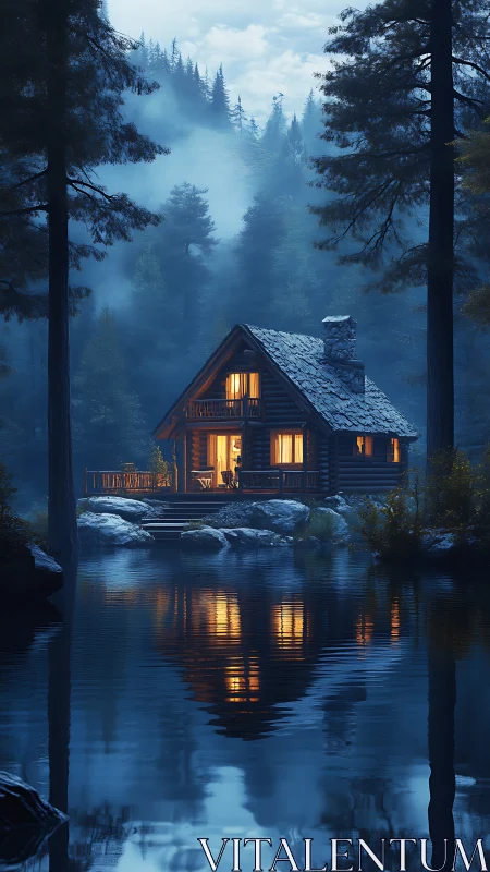 Nocturnal forest cabin with volumetric fog and specular lake.