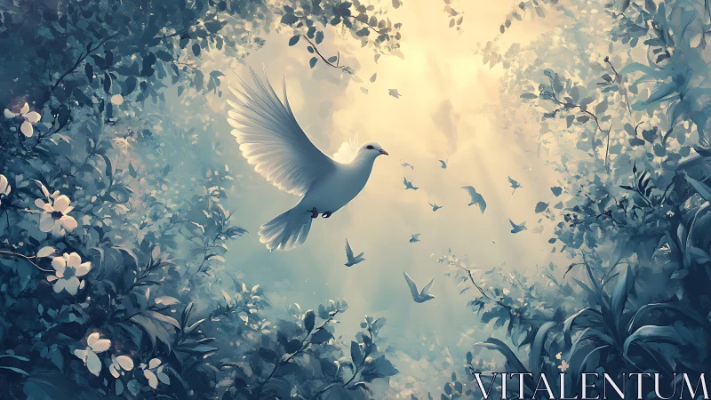 White dove in sunlit forest clearing with small birds.