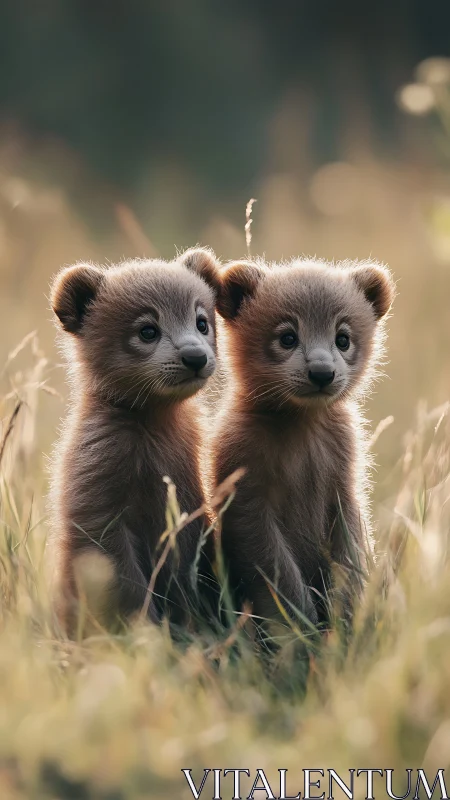 Gentle twin fox cubs share a quiet golden meadow moment