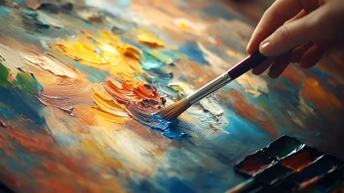 Hand applying thick paint to colorful abstract canvas.