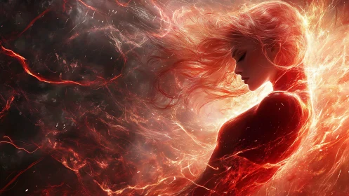 Silhouetted female figure merged with swirling fire energy.