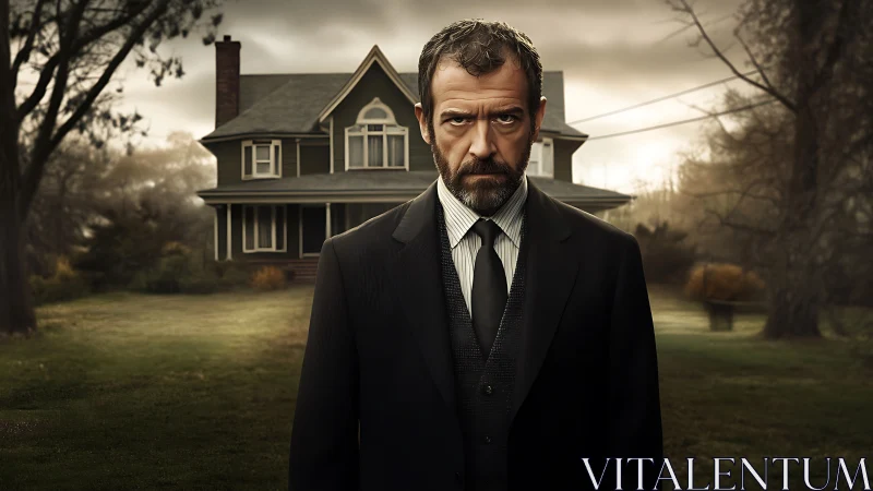 Middle-aged man in formal suit standing before suburban house.