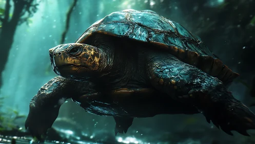 Luminescent forest turtle gliding through teal misted waters.