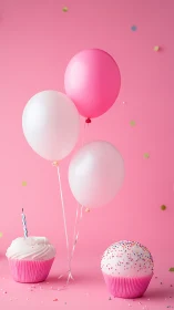 Pastel Birthday Celebration with Balloons and Cupcakes.