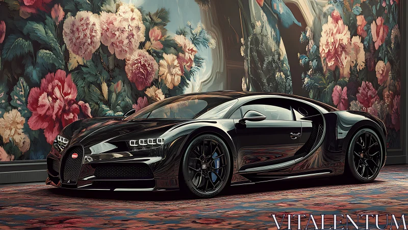 Hypercar interior display with reflective black coupe and florals