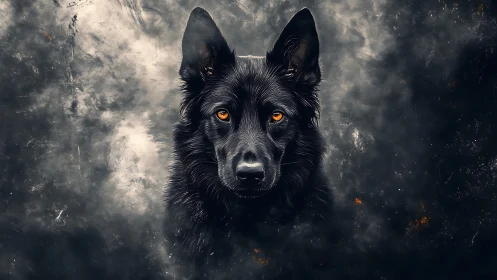 Midnight black dog emerging through swirling smoke veil.