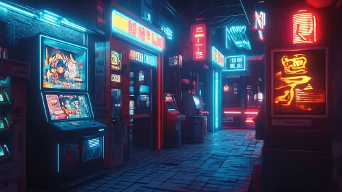 Neon arcade alley glows with dense cyberpunk signage
