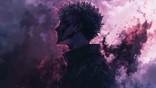 Solitary silhouette wrapped in stormy violet twilight.