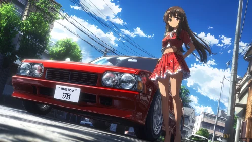 Anime street scene pairs stylish girl with red sports car.