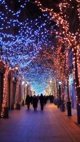 Pedestrian arcade under bokeh-rich blue and amber festive lights
