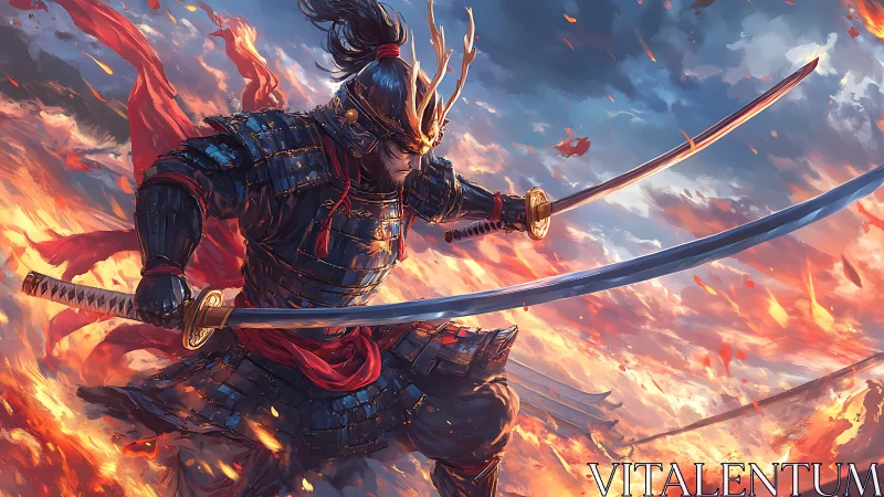 Armored samurai duelist amid combustion-drenched battlefield sky.
