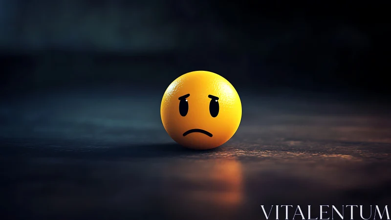 Yellow emoticon sphere rests on dark reflective surface