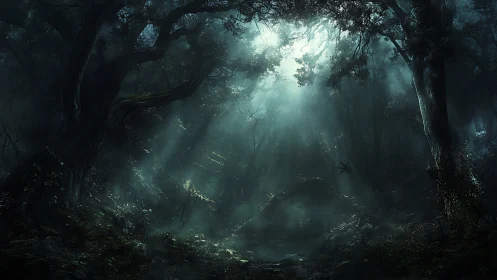 Enchanted Forest Clearing with Ethereal Light Rays.