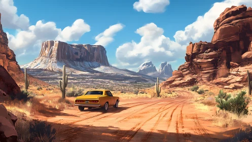 Sunny desert road trip with a classic yellow car cruising free.