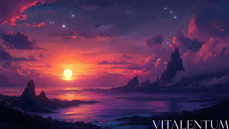 Radiant fantasy sunset glows over tranquil starlit sea
