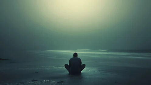 Solitary figure seated on misty shoreline at dawn.