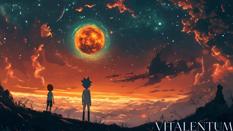 Two figures observe fiery planet over glowing sky.