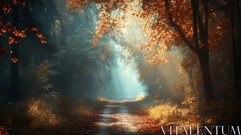Forest pathway with atmospheric light and autumn foliage illumination