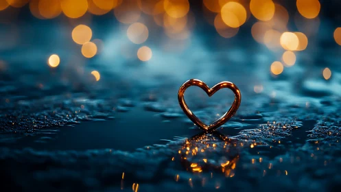 Golden Heart on Wet Surface with Bokeh Lights