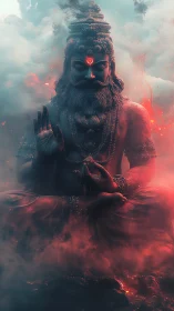 Mythic stone sage in meditative pose amid ember clouds