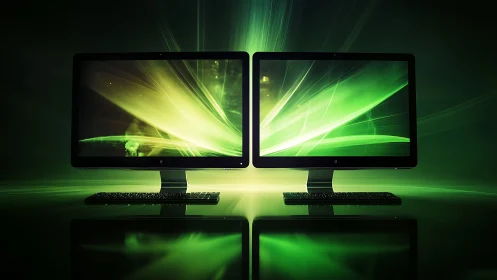 Glowing dual monitors sharing a sleek green digital moment.