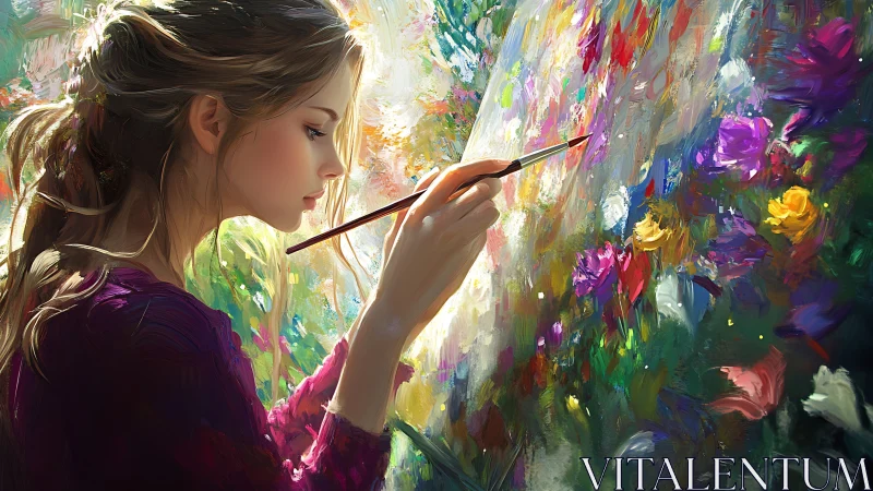 Young painter weaving wild florals into swirling daylight.