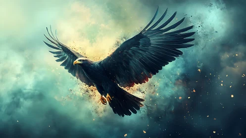 Majestic eagle soaring through dramatic clouds, digital art style.