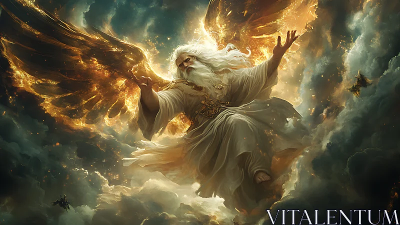Radiant winged elder ascends through burning golden clouds.