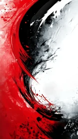Crimson and charcoal arcs carve stark abstract vortex.