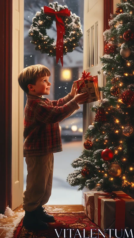 Child holding wrapped gift beside illuminated indoor Christmas tree