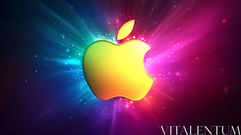 Colorful glowing apple logo on radiant space background.