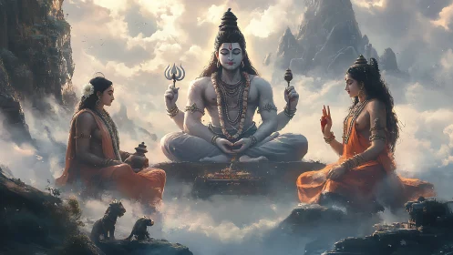 Divine Himalayan meditation unfolds among celestial clouds.