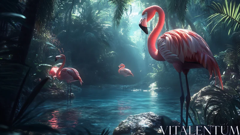 Sunlit flamingos stand in a misty emerald jungle lagoon