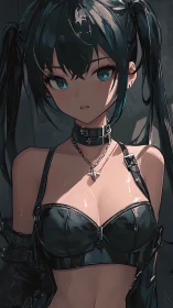 Dark-haired punk girl in glossy leather crop top portrait.