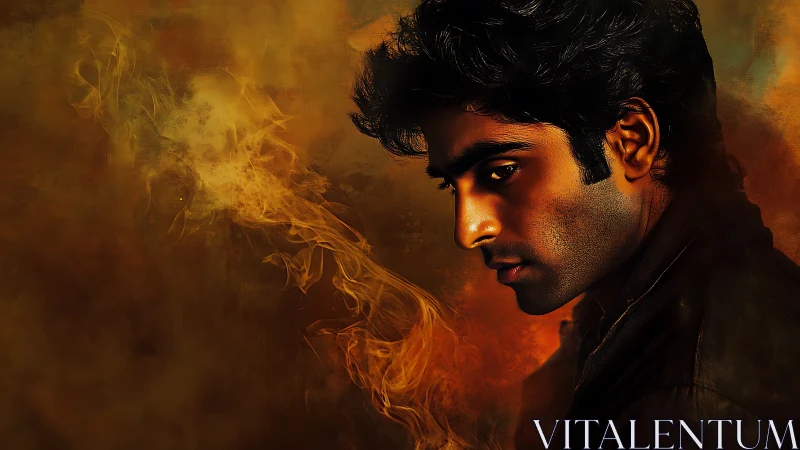 Smoldering gaze beside ember smoke in molten shadows.