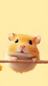 Adorable hamster hangs on rope against soft pastel yellow